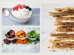 Yogurt, veggie chips, grain crackers