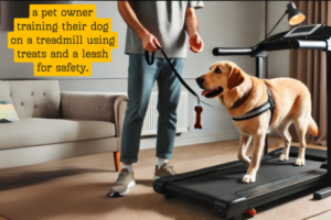 Pet owner training a dog for using treadmill