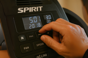 Spirit treadmill console showing incline controls, fan button