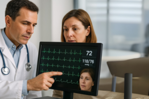 Doctor reviewing ECG results during treadmill stress test